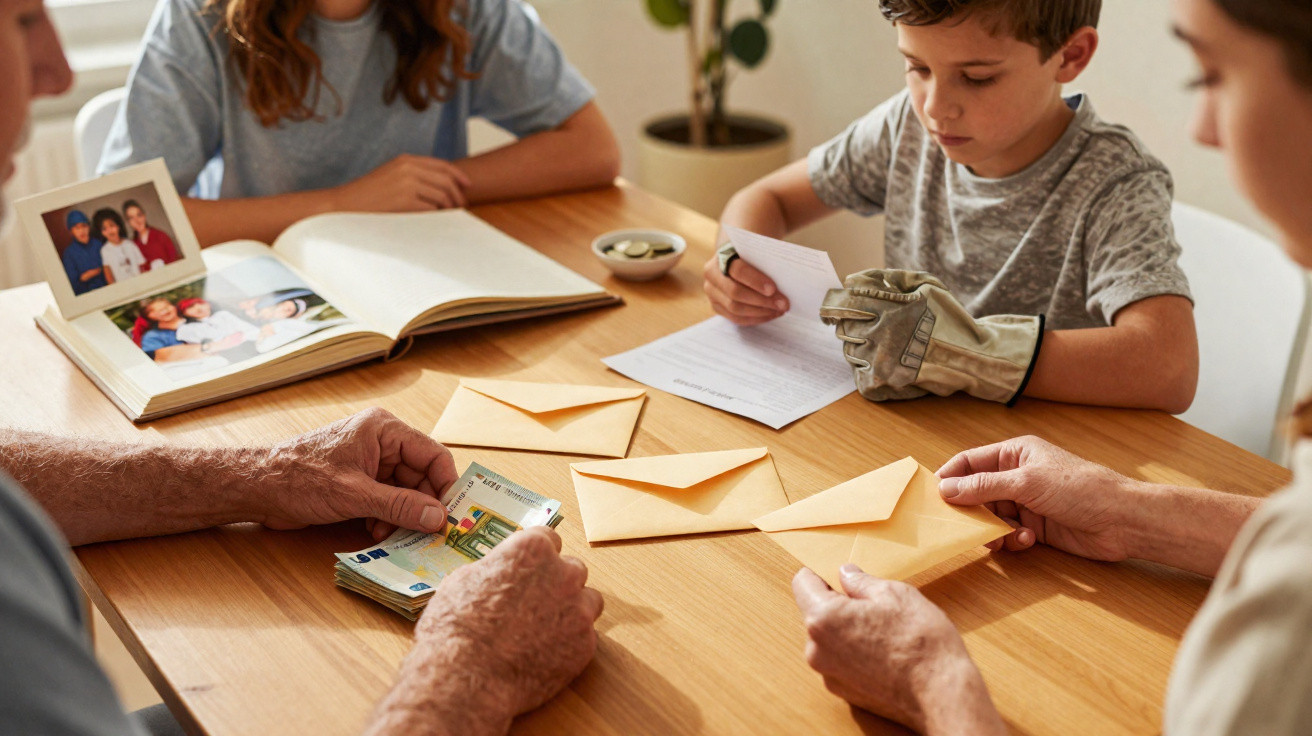 Family gathered around a table sorting money, letters, and photos, including a child wearing a gardening glove.