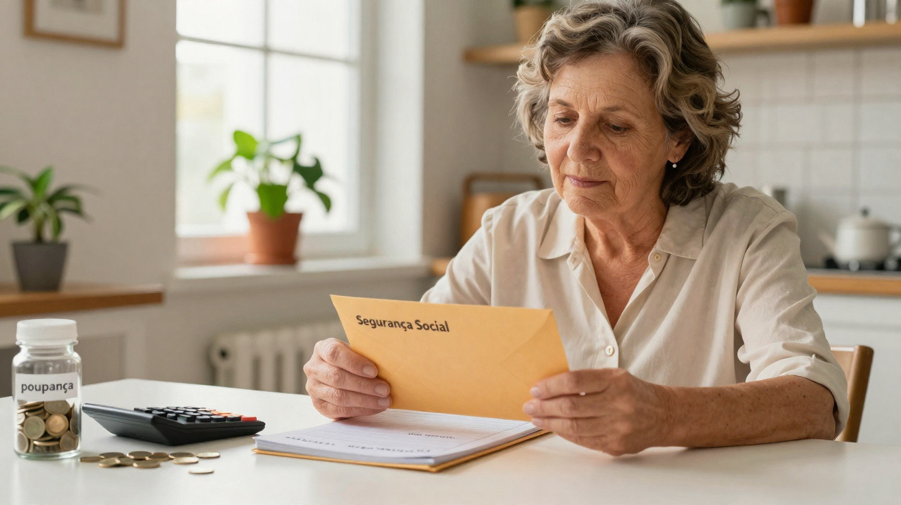 Older woman reading a social security envelope at a kitchen table with coins, a calculator, and a savings jar.