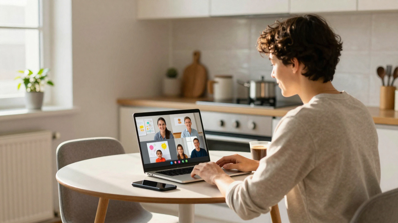 Person sitting at a kitchen table participating in a video call on a laptop with six other people.
