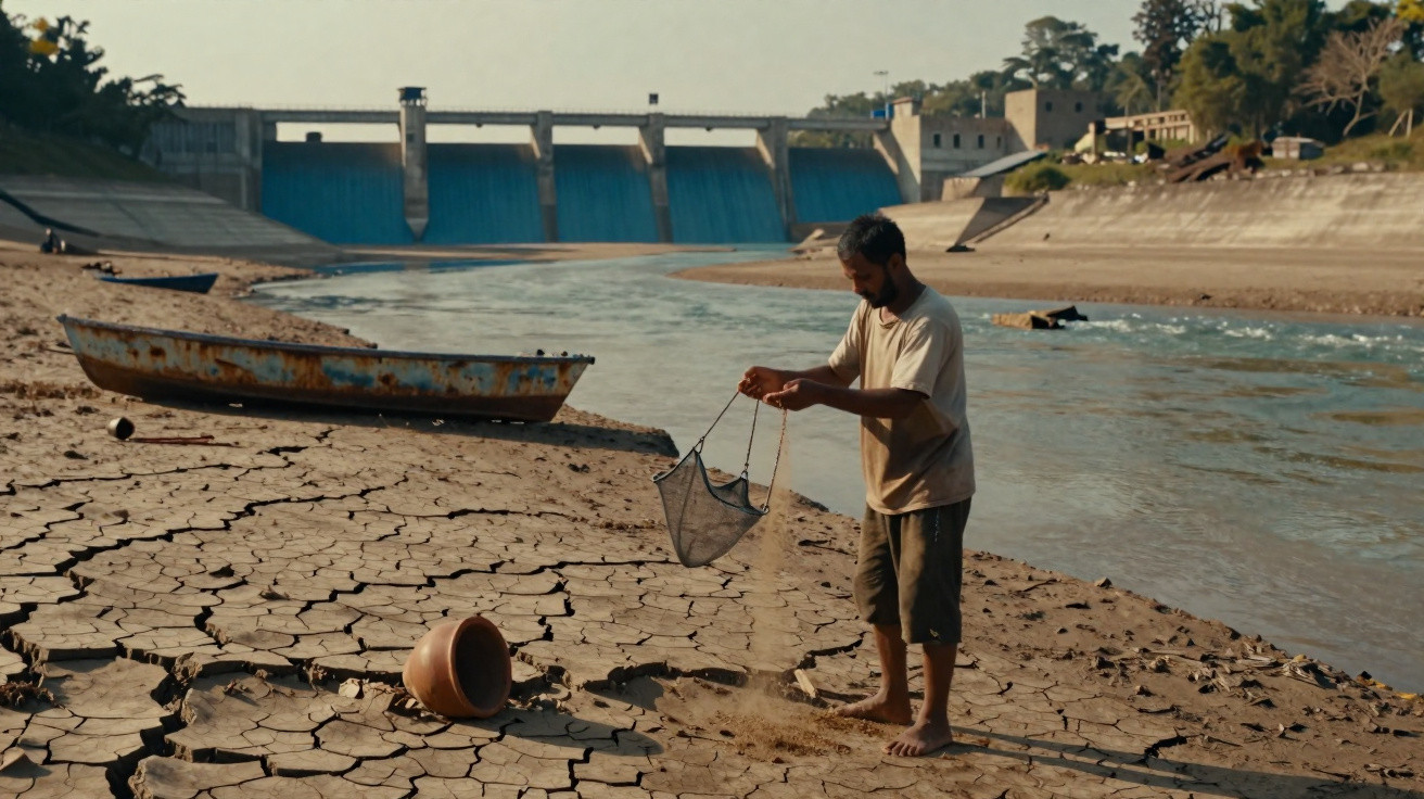Man fishing with a net on cracked dry riverbed near a dam and a rusty boat in the background.