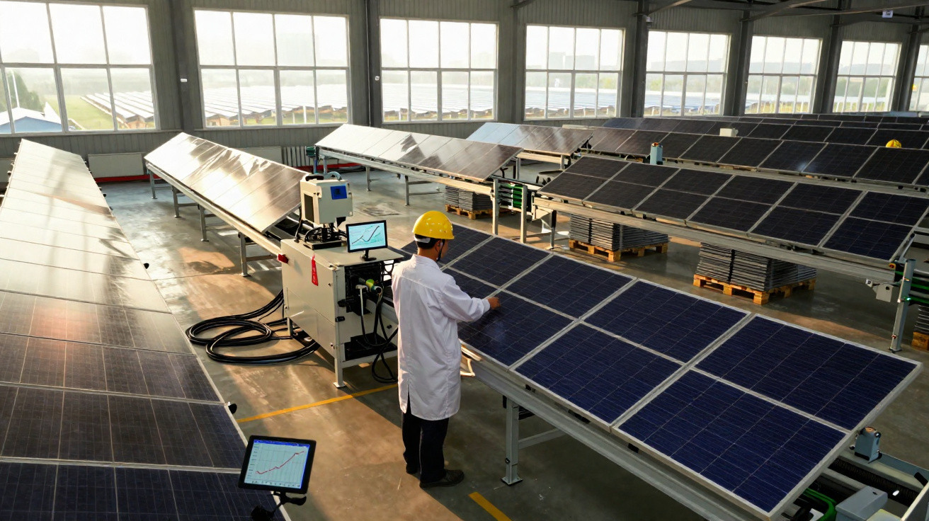 Technician inspecting solar panels inside a large factory with multiple arrays and equipment.