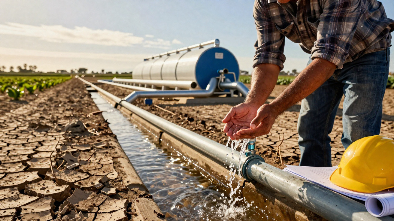 Farmer checking water flow from irrigation pipe in dry field with water tank and hard hat nearby