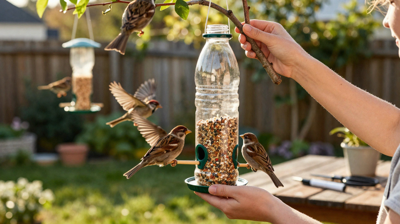Hands holding a homemade bird feeder made from a plastic bottle with sparrows feeding on seeds.