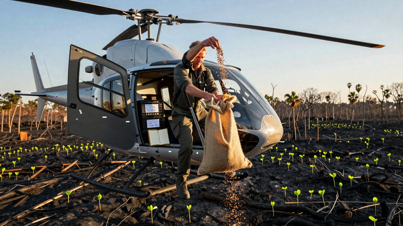Man dispersing seeds from a sack out of a helicopter over a recently burnt field with new green shoots.