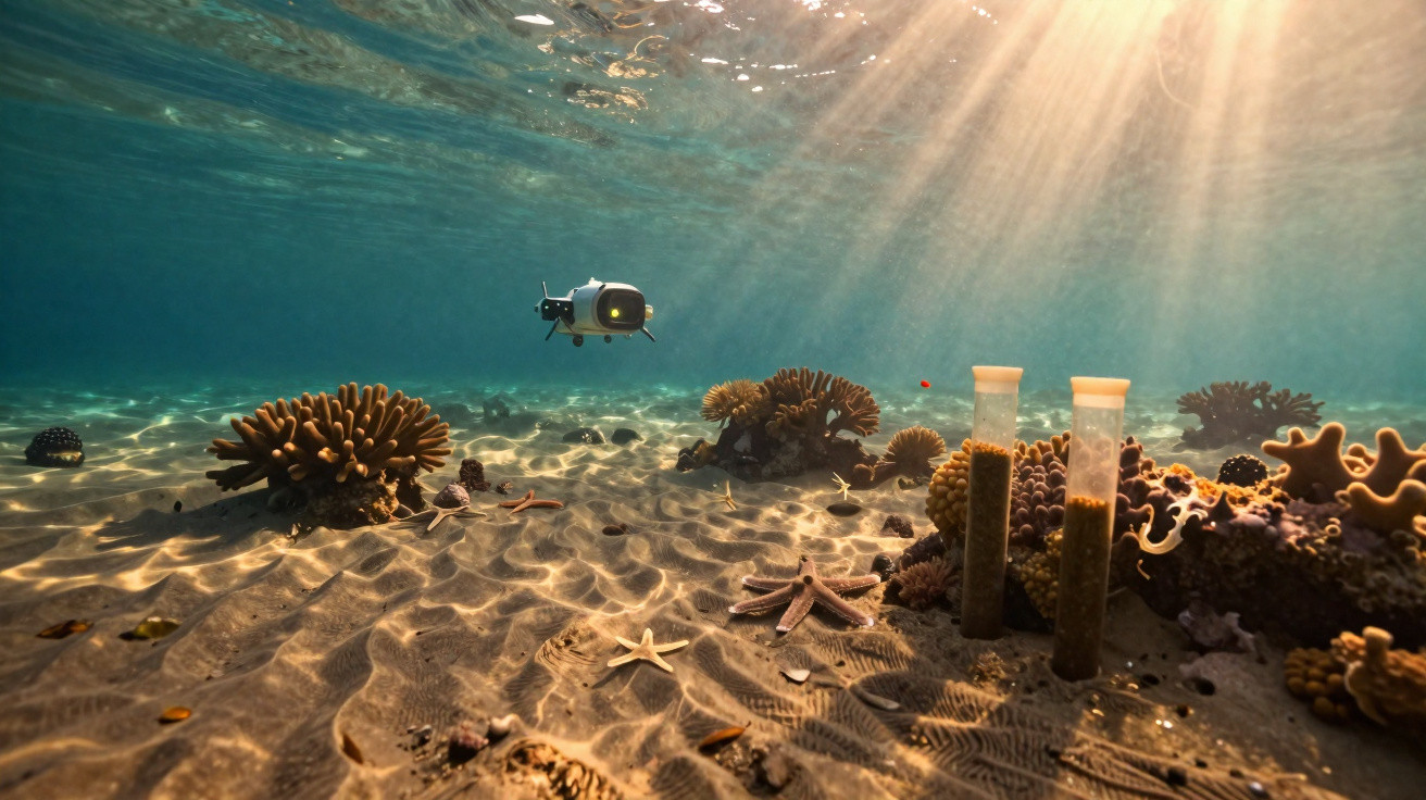 Underwater scene with coral, starfish, samples in tubes, and a small underwater drone illuminated by sunlight.