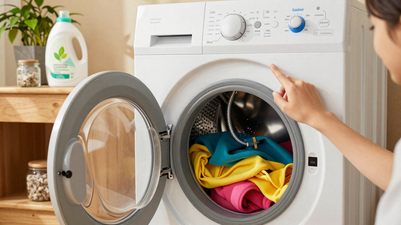 Person loading colourful clothes into a white front-loading washing machine with detergent on a wooden shelf nearby.