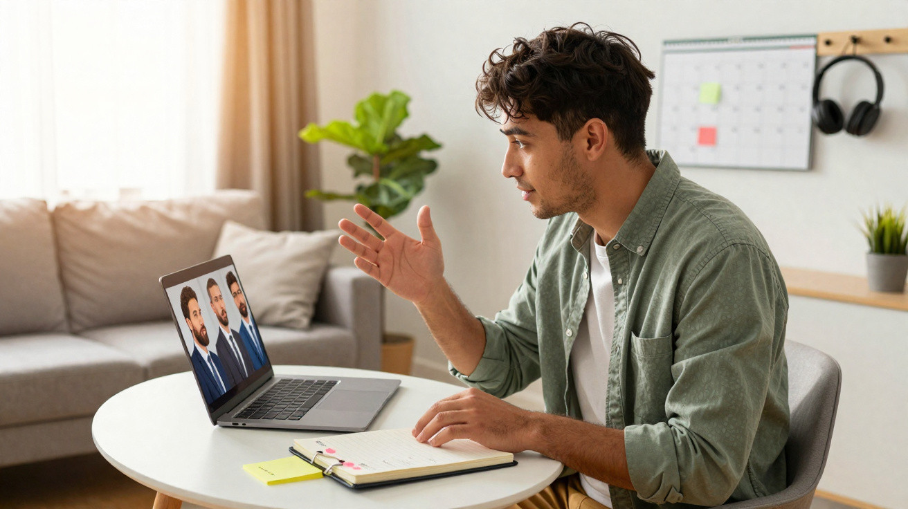 Man talking during a video conference call on a laptop at a round table with a notebook and sticky notes.