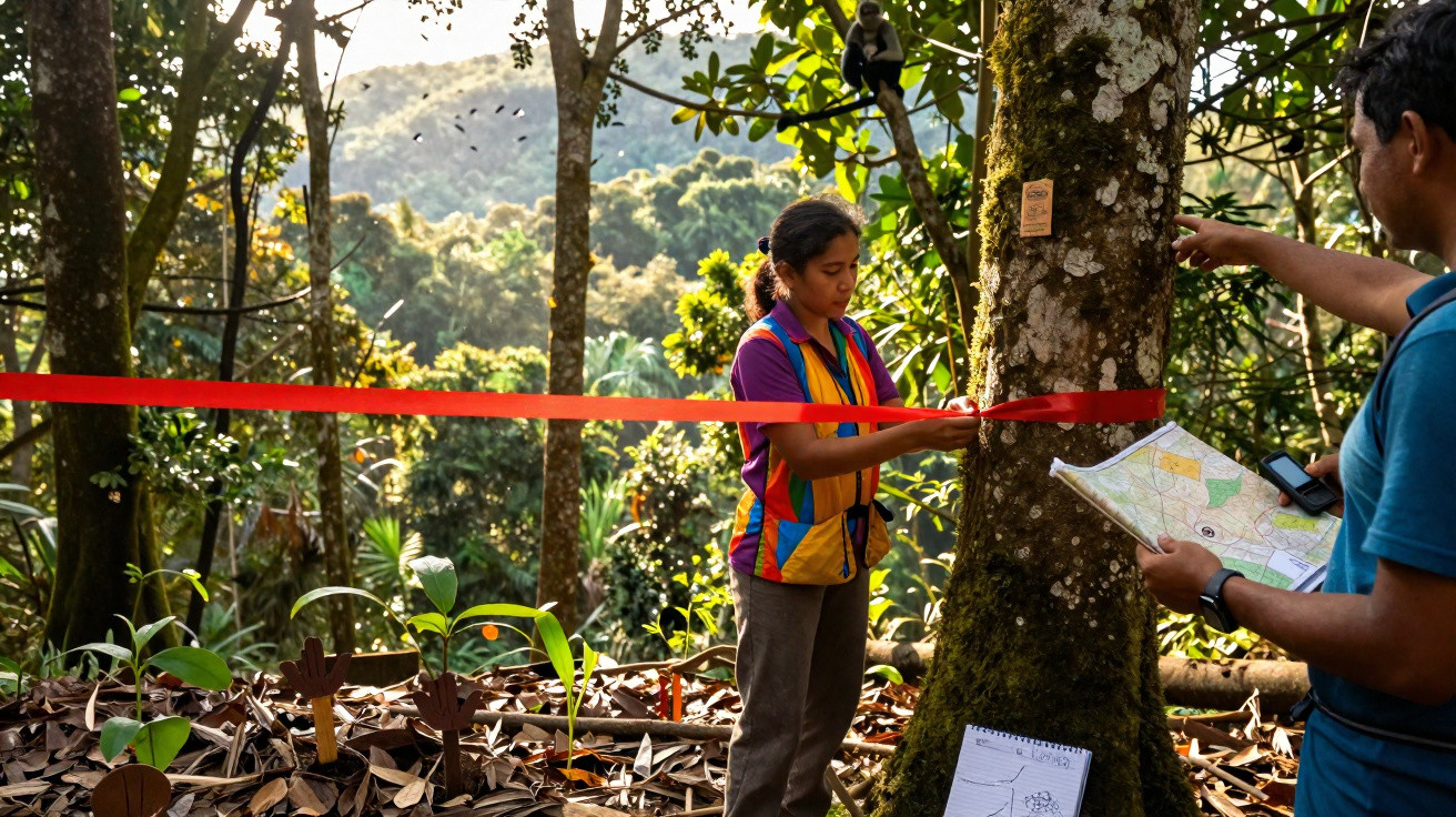 Woman tying a red ribbon around a tree while a man holds a map and phone in a forest setting.