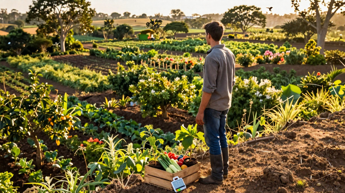 Man standing in a garden looking over rows of plants with a crate of fresh vegetables beside him at sunset.
