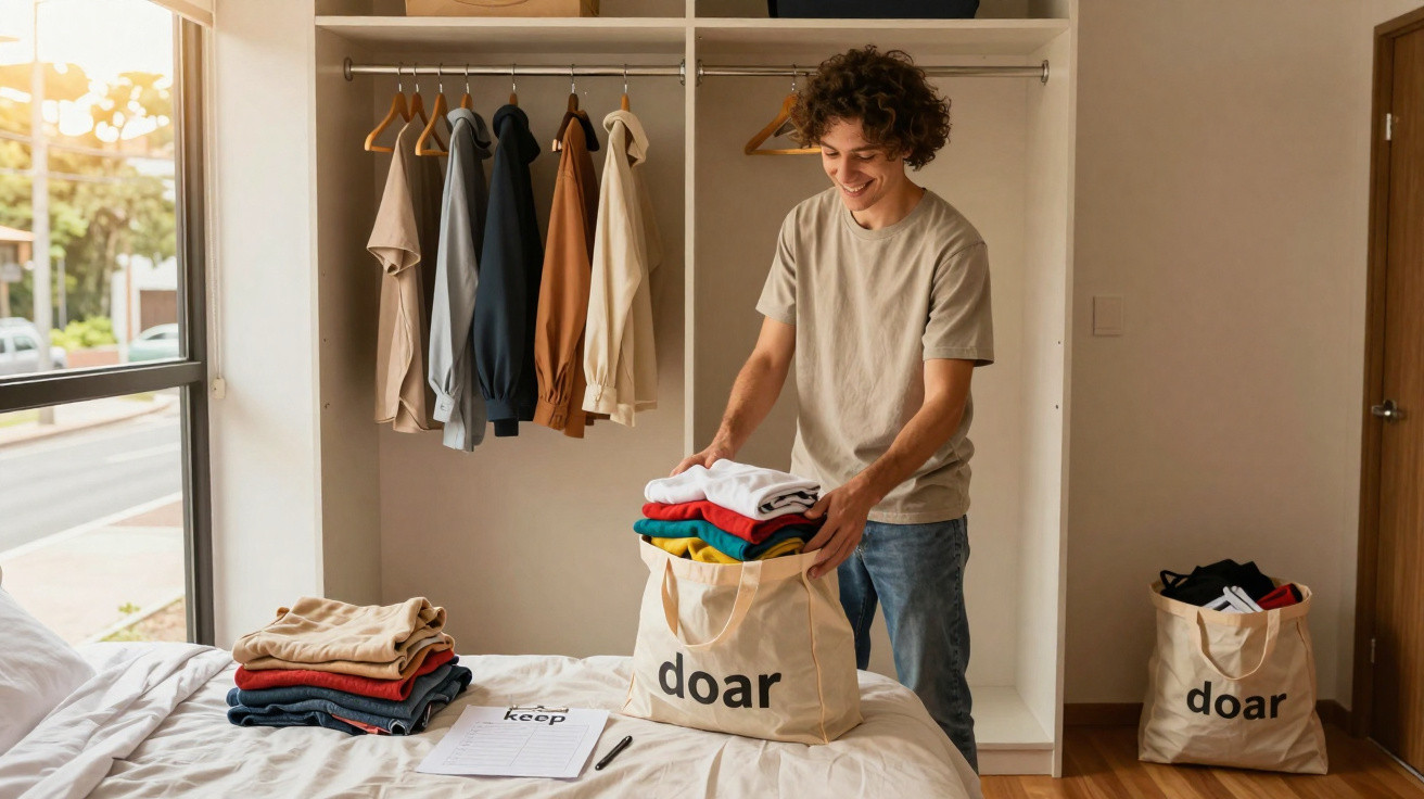 Young man folding and packing clothes into a tote bag in a bright, organised bedroom with clothes hanging in an open wardrobe