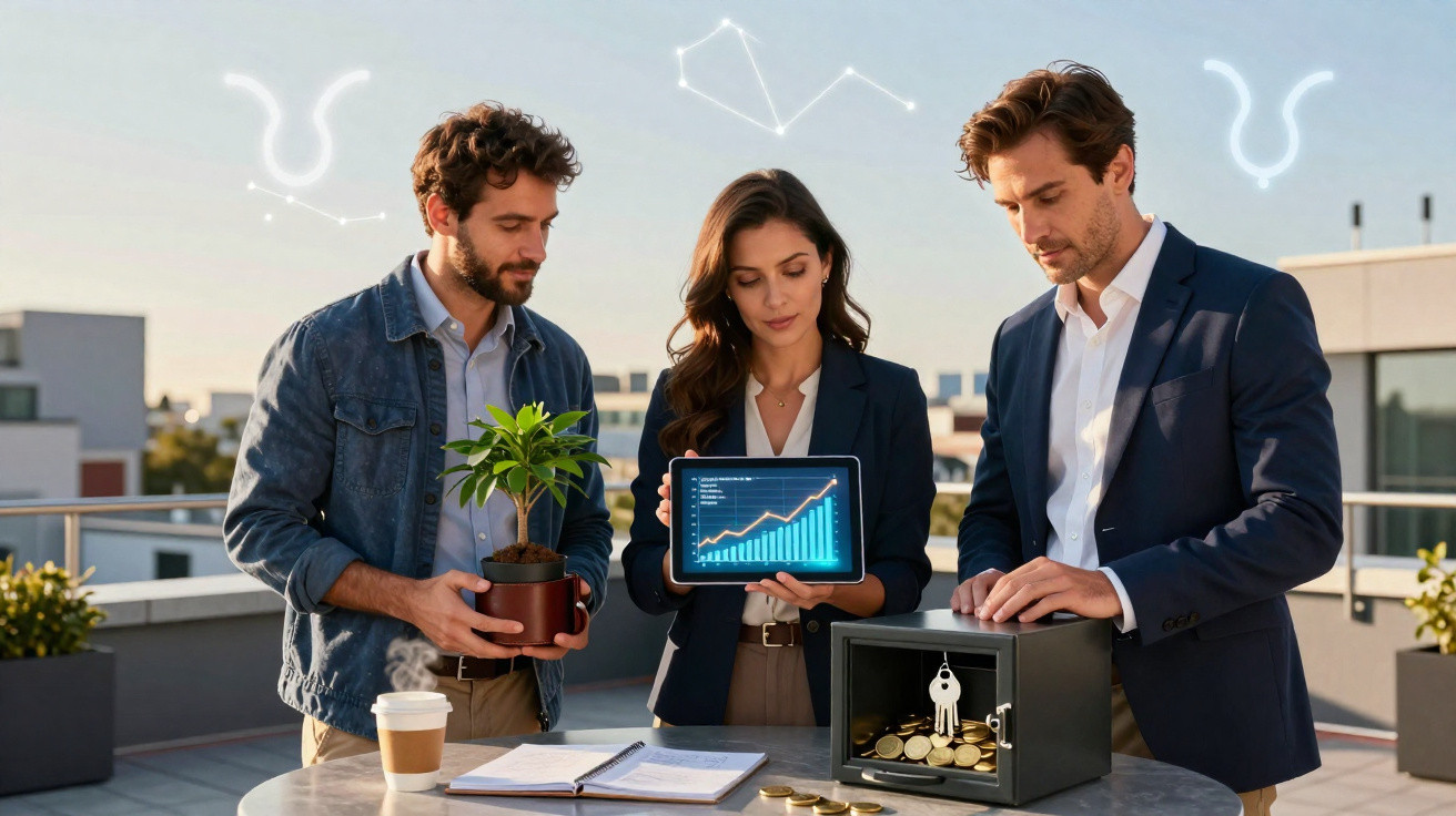 Three businesspeople on a rooftop showing a plant, tablet with charts, and a small open safe with coins and keys.