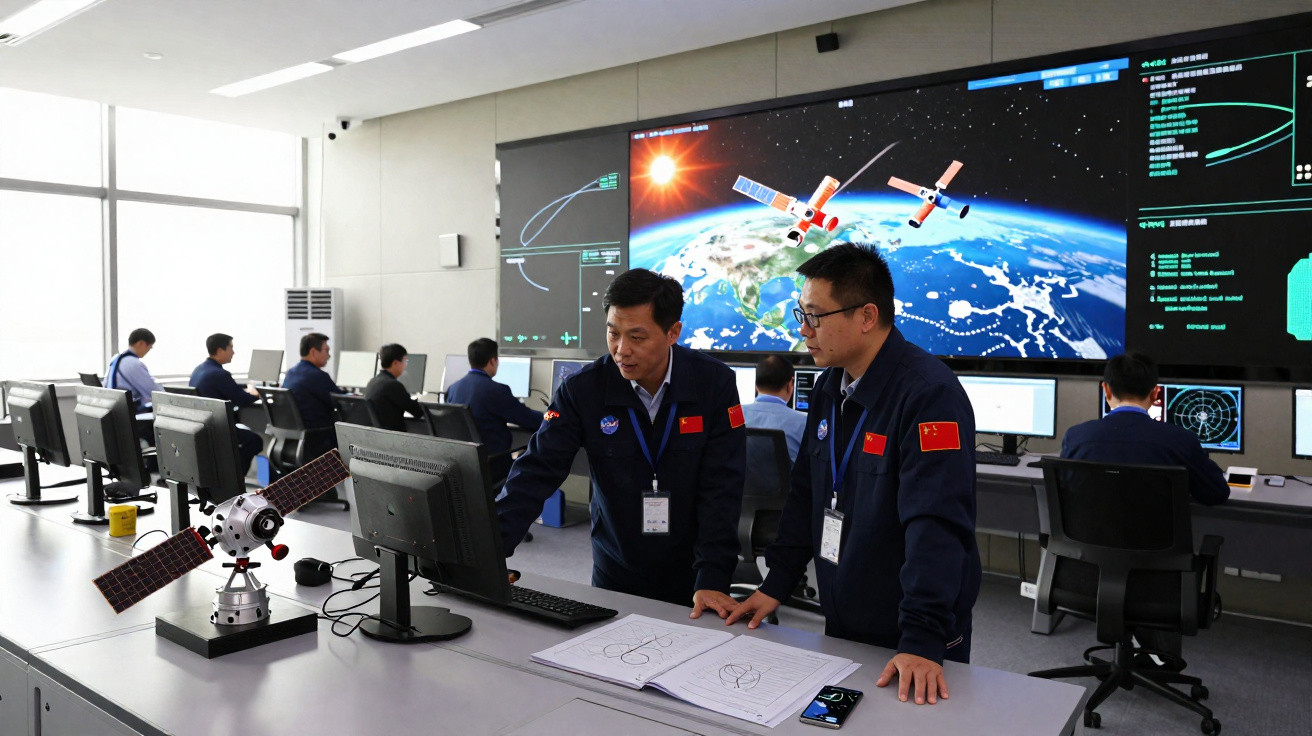 Engineers in navy uniforms analyse satellite data in a control room with multiple monitors and Earth visuals.