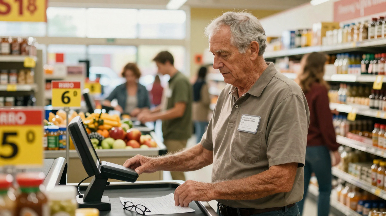 Older man using a computer touchscreen at a supermarket checkout with shoppers and produce in the background.
