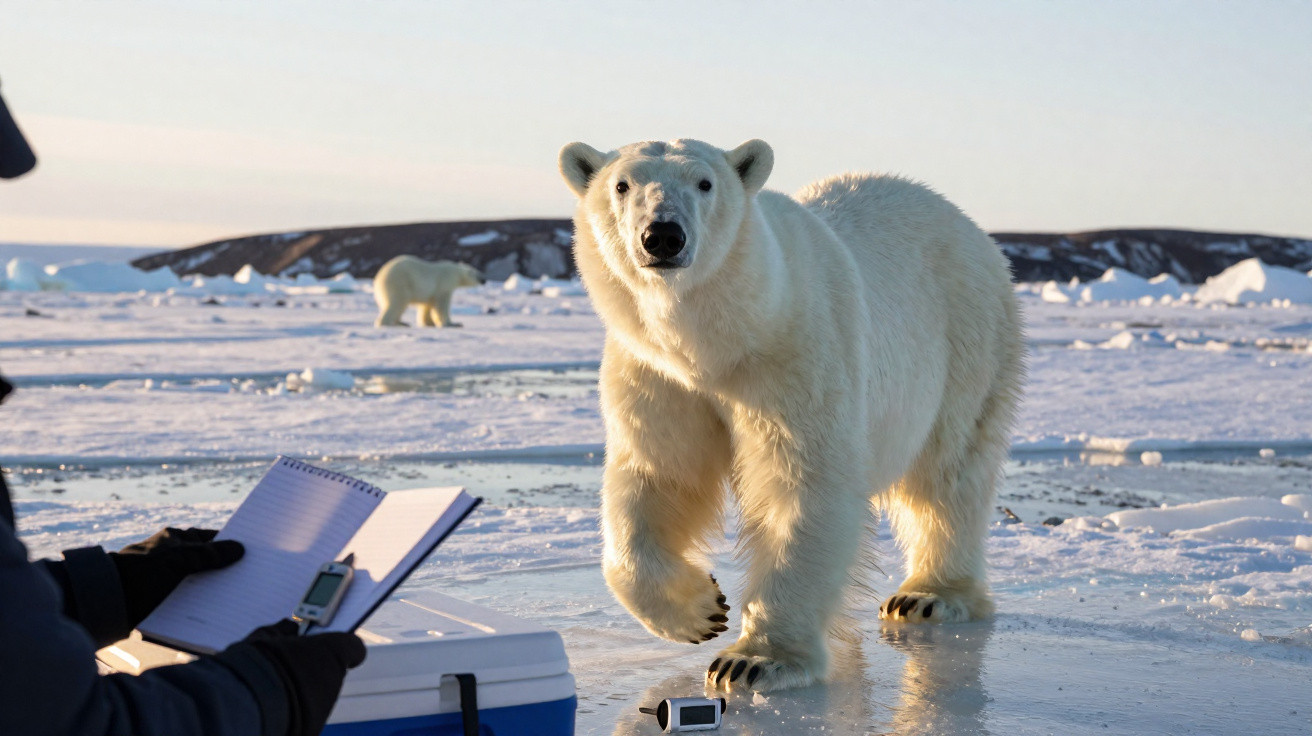 Polar bear walking on icy landscape with person holding notebook nearby in Arctic setting.