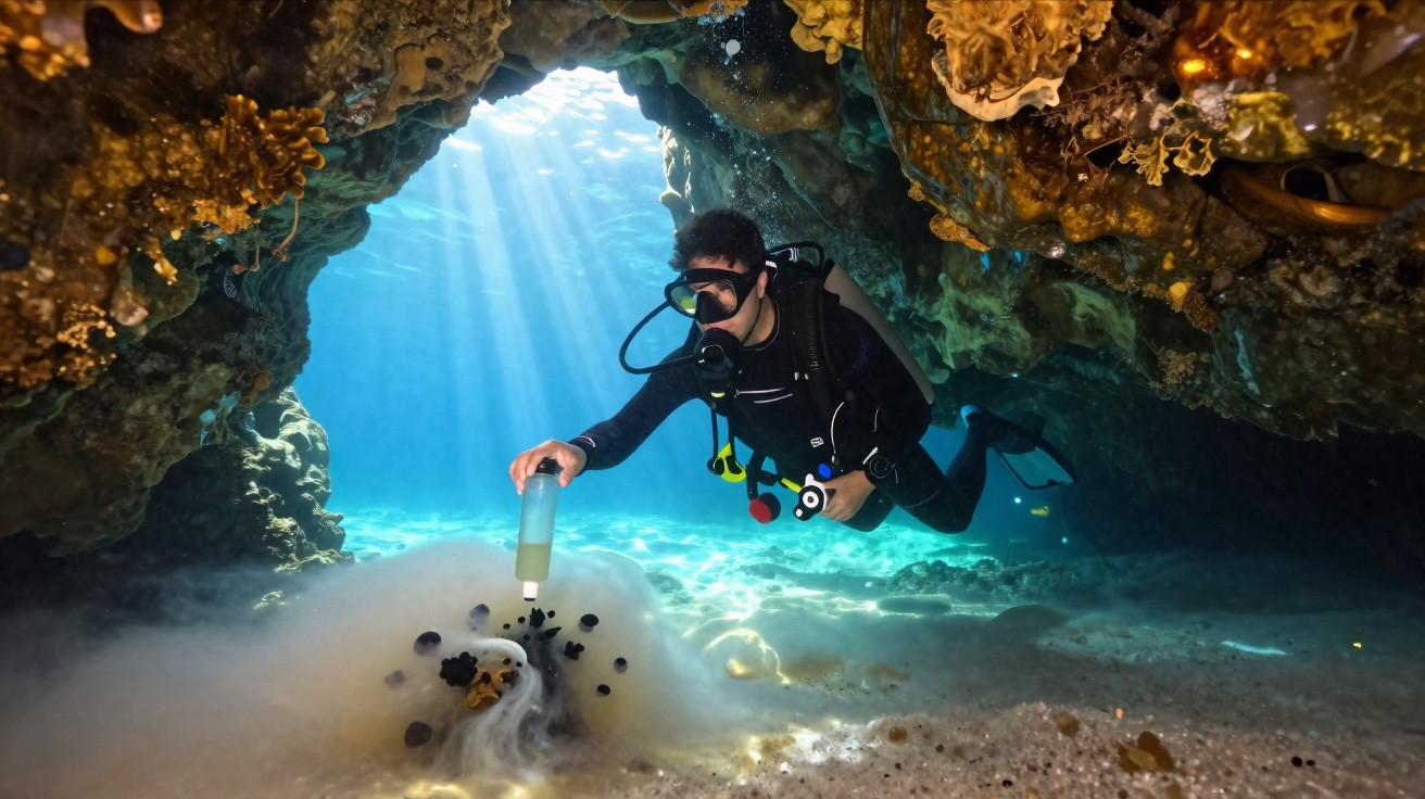 Scuba diver underwater near a coral reef, releasing bubbles and holding a small container in a sunlit sea cave.