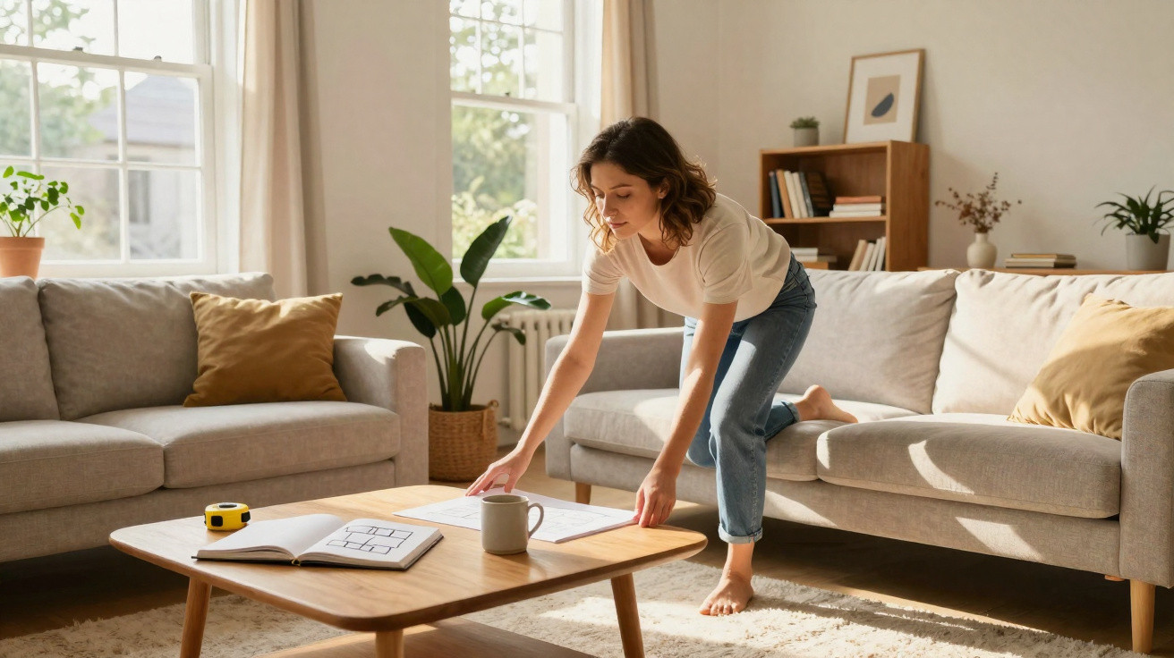 Woman arranging papers on a wooden coffee table in a bright, cosy living room with grey sofas and indoor plants.