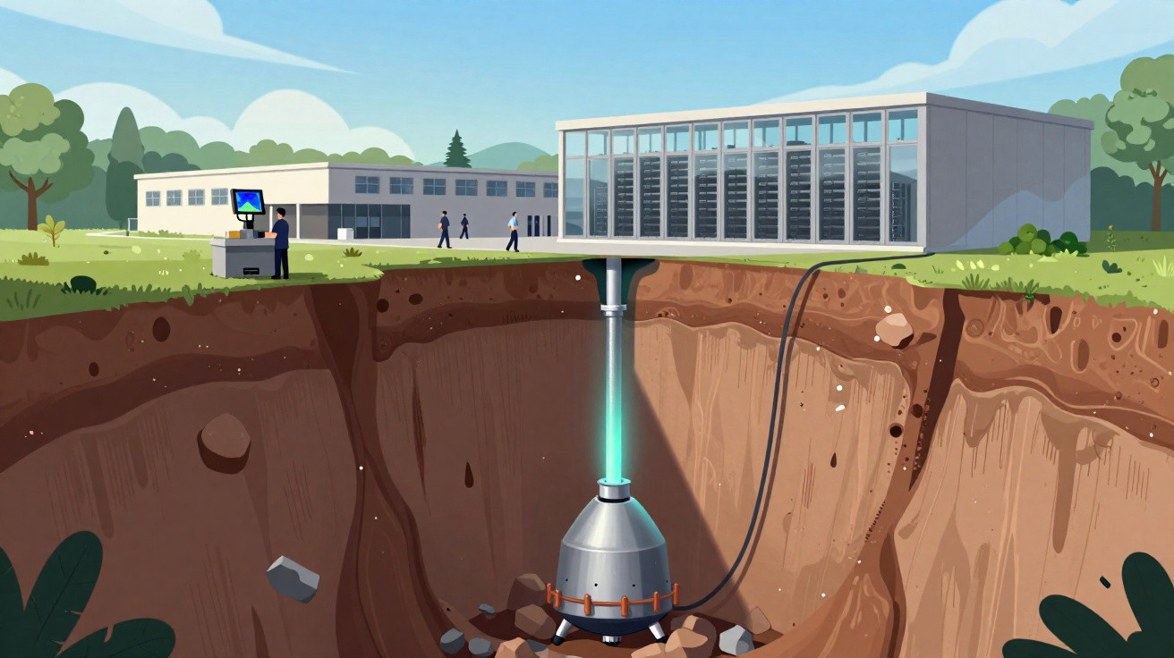 Cutaway view of a geothermal power plant with underground steam extraction connected to surface building.