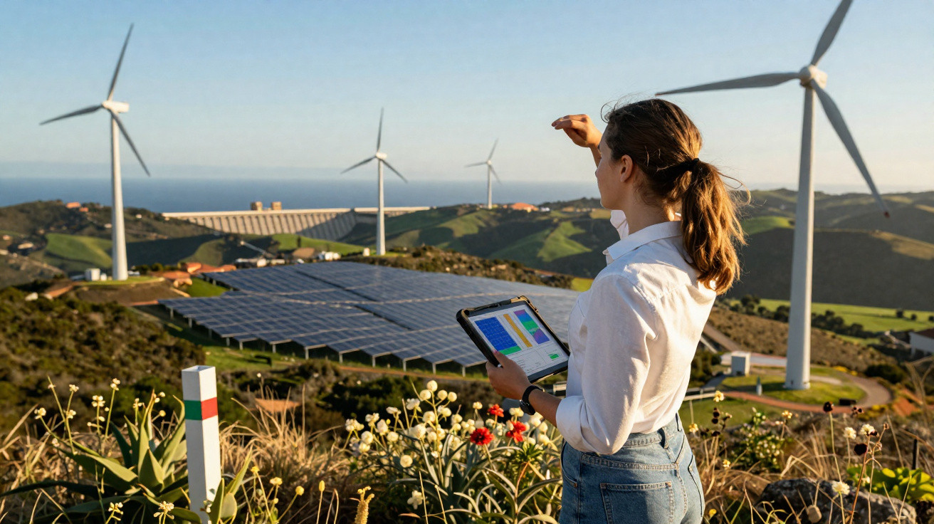 Woman with tablet observing solar panels and wind turbines on a sunny hillside landscape.