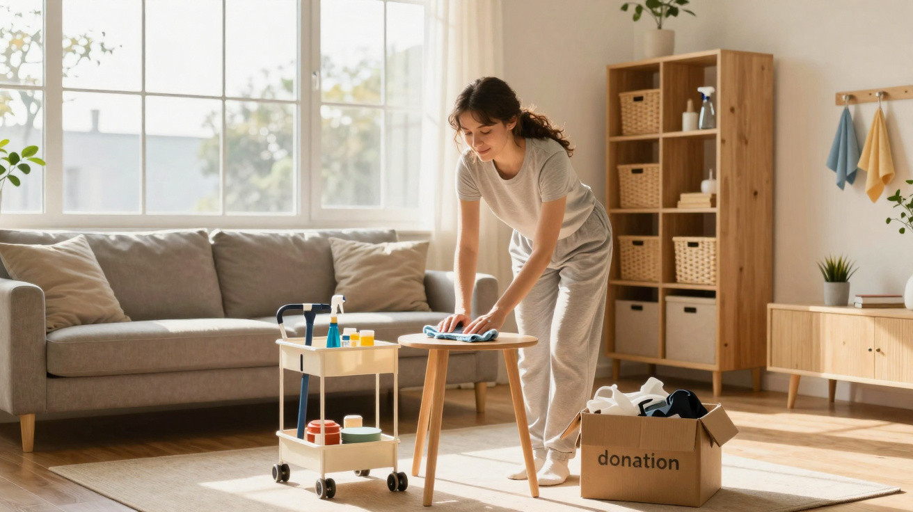 Woman cleaning a small wooden table in a bright living room with a donation box and cleaning supplies nearby