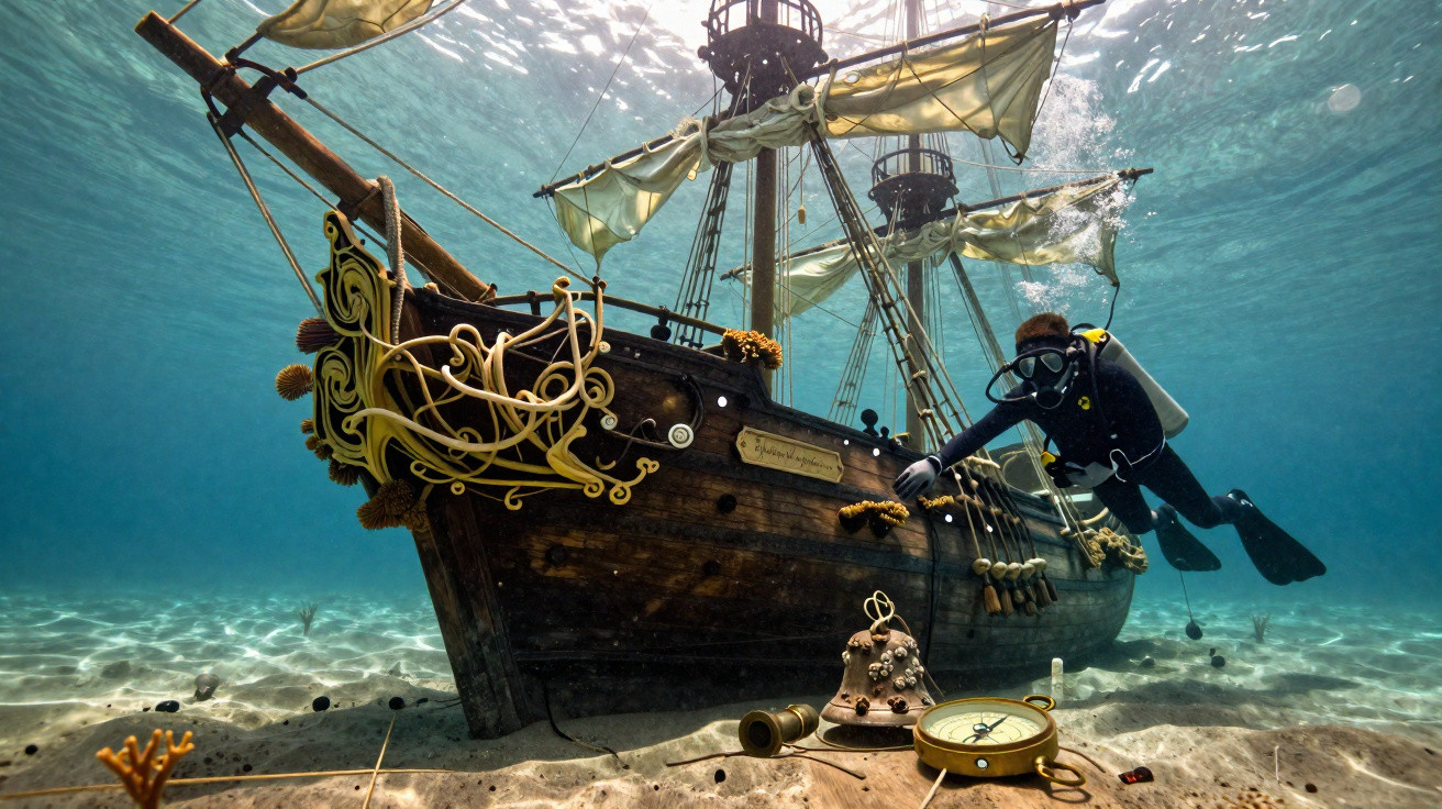 A diver explores a detailed sunken wooden ship with nautical objects on the sandy seabed.