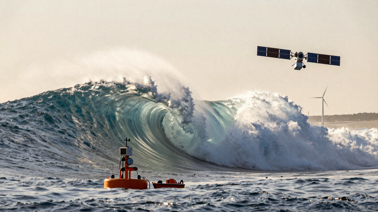 Large ocean wave breaking near an orange buoy, with a satellite overhead and a wind turbine in the background.