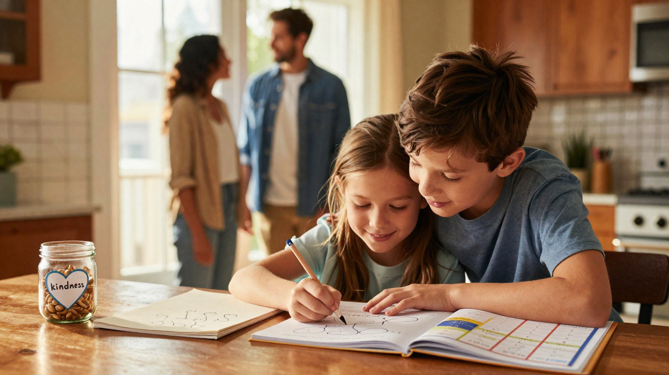 Two children drawing and writing at a kitchen table with jar labeled kindness, parents blurred in background.
