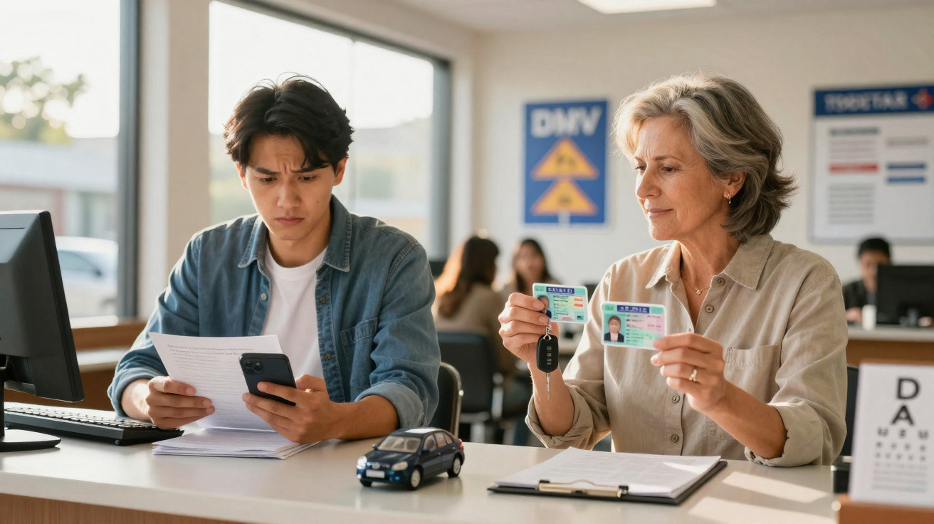 Woman holding up two driver's licenses and car keys while man looks at documents at DMV counter.