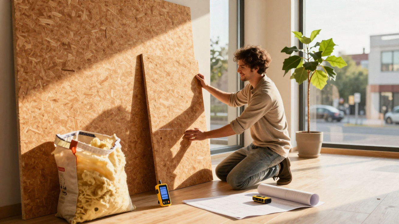 Man kneeling by large wooden boards in sunlit room with blueprint, plant, and measuring tools on floor.