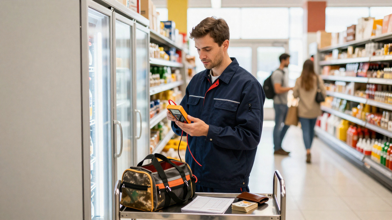 Technician in navy workwear using an electronic device next to refrigerated shelves in a supermarket aisle.