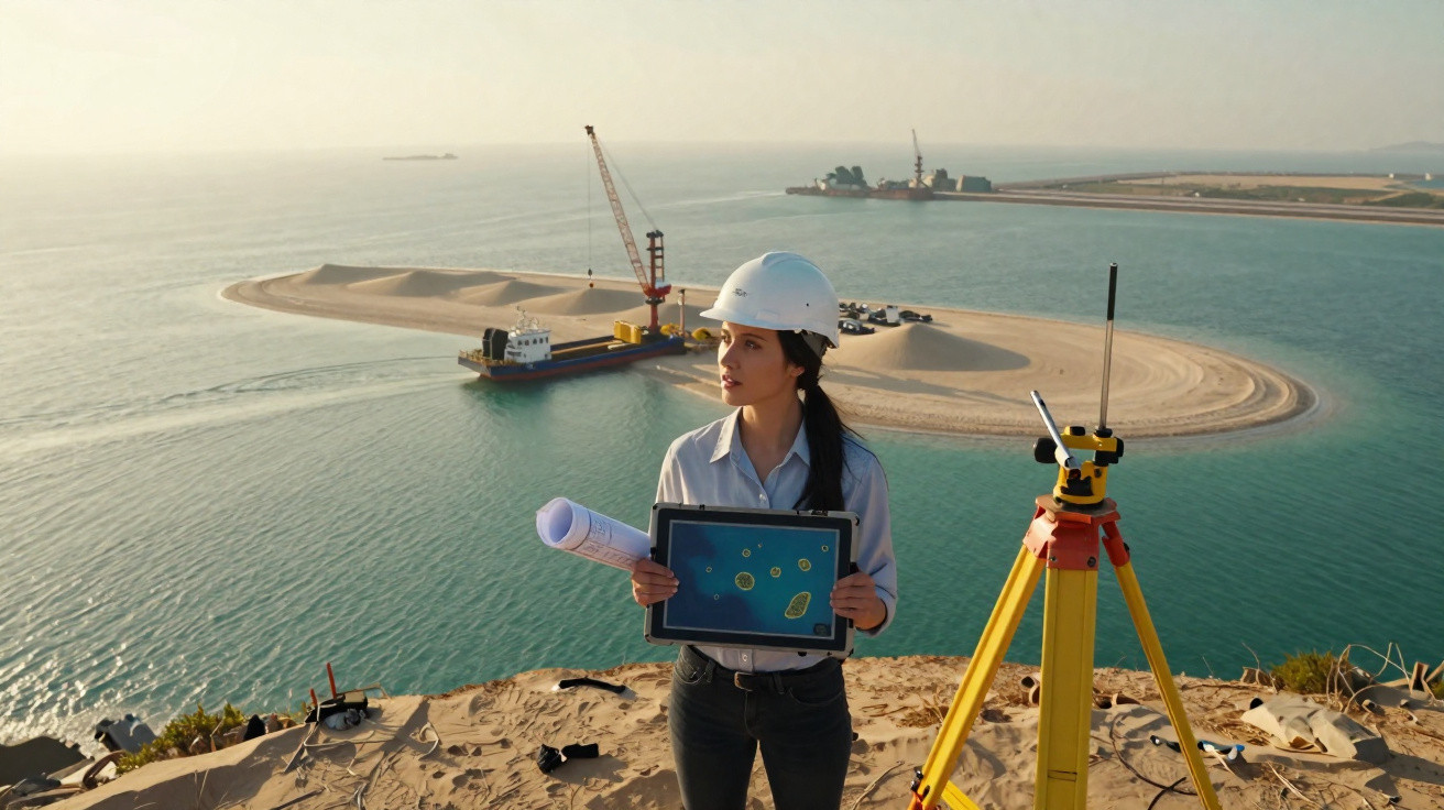 Female engineer in hard hat holding plans on coastal construction site with surveying equipment and sand island.