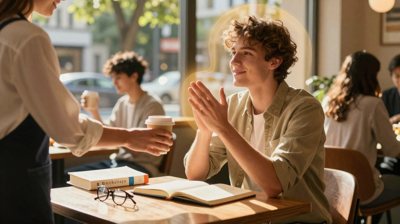 Young man receiving coffee from barista while studying with books in a sunlit café.