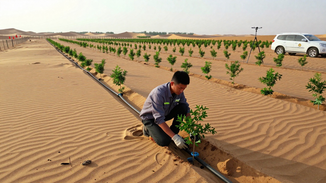 Man kneeling in desert planting young trees along a drip irrigation line with rows of saplings and a white SUV nearby.