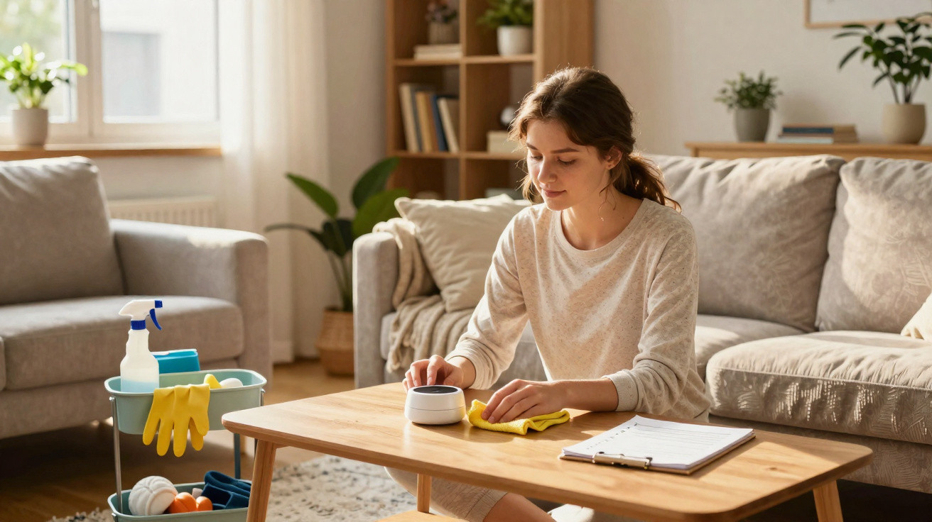 Woman cleaning a wooden coffee table in a bright living room with cleaning supplies nearby and a sofa in the background.