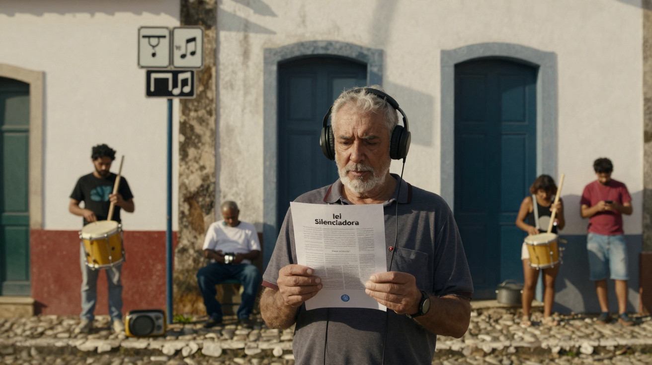 Older man with headphones reading a leaflet titled "Ley Silenciadora" with people playing drums behind him.