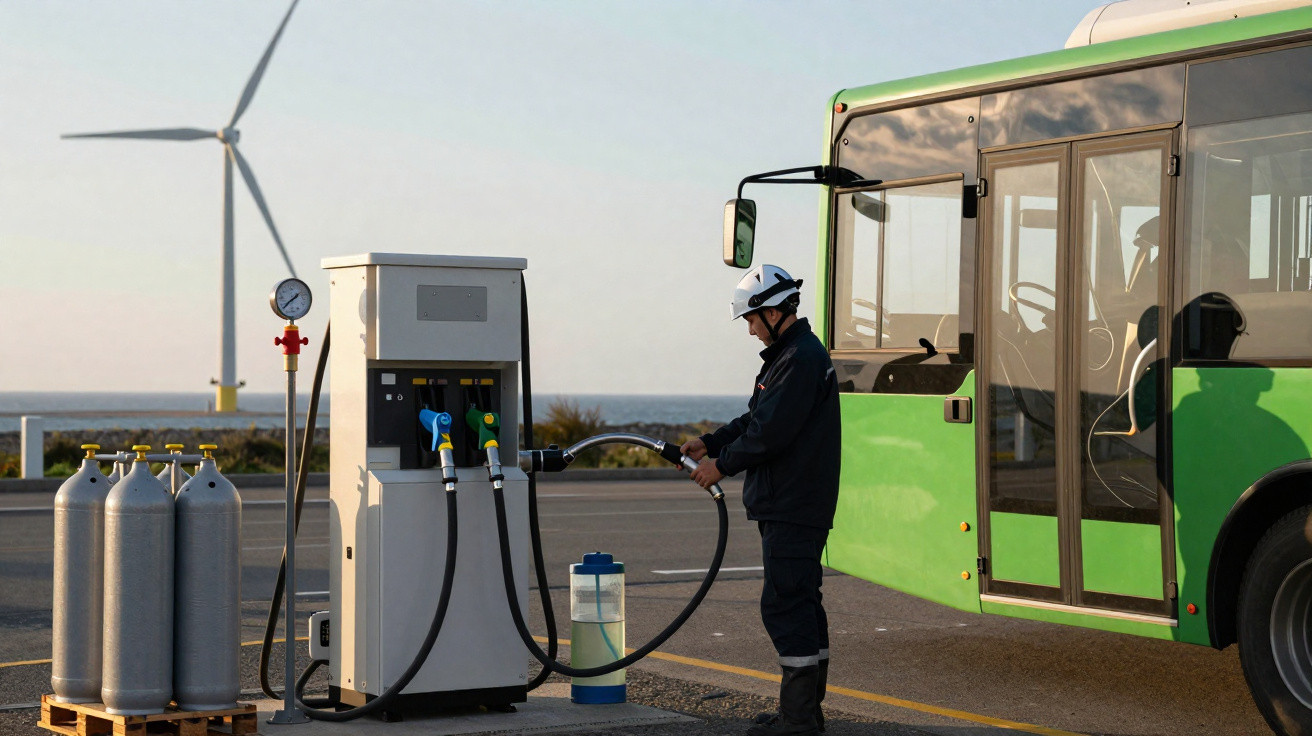 Worker refuelling a green bus with compressed natural gas at an outdoor station near wind turbines by the sea.
