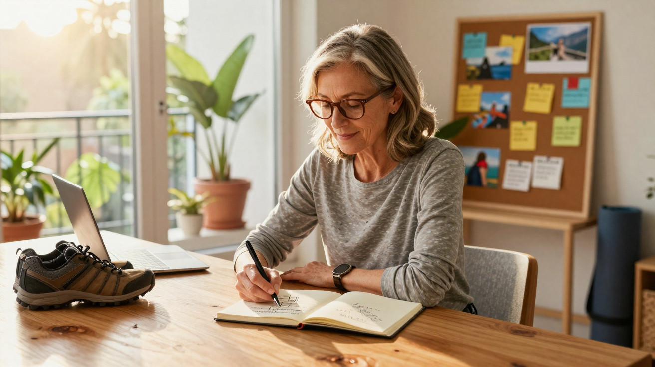 Mature woman wearing glasses writing in a notebook at a wooden table with a laptop and hiking shoes nearby.