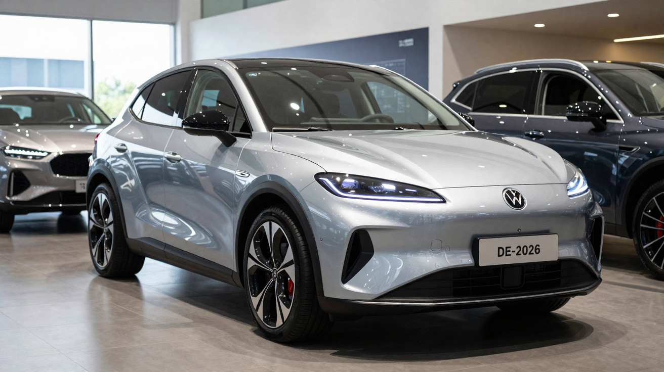Silver electric crossover car with modern LED headlights displayed indoors alongside other vehicles