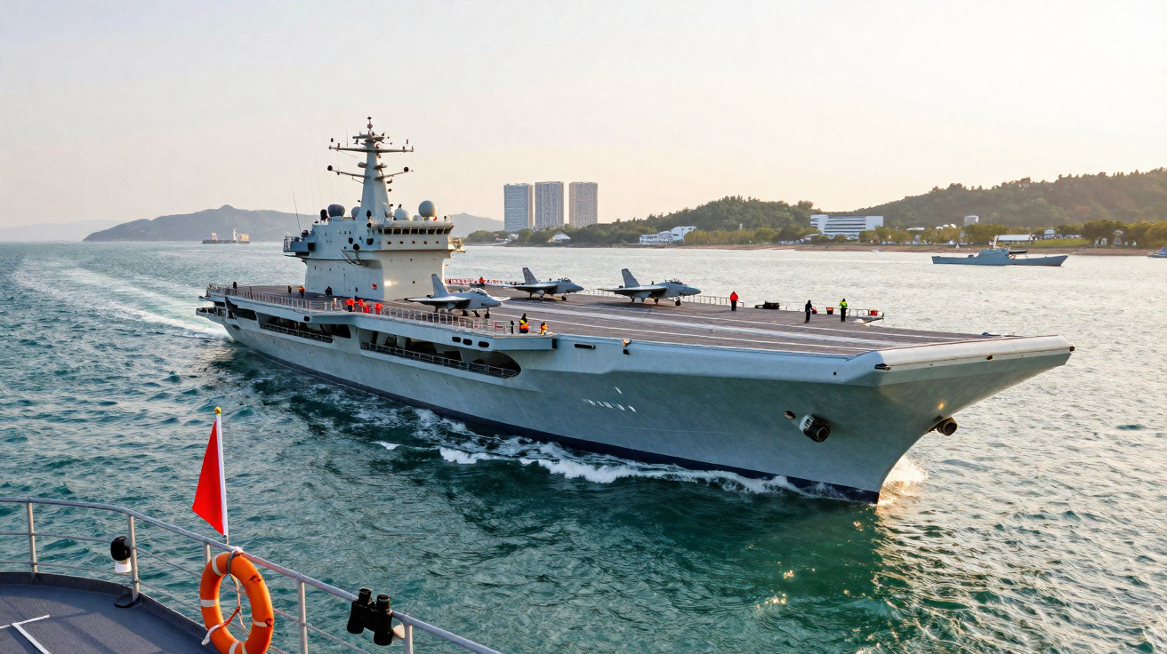 Aircraft carrier with fighter jets on deck sailing near coastline in calm sea under clear sky.