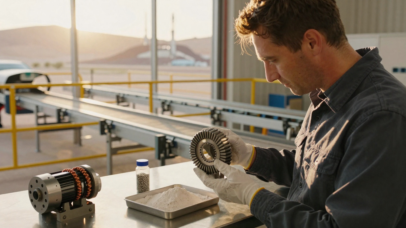 Engineer wearing gloves examining a metal gear in a workshop with machinery and materials on the table.