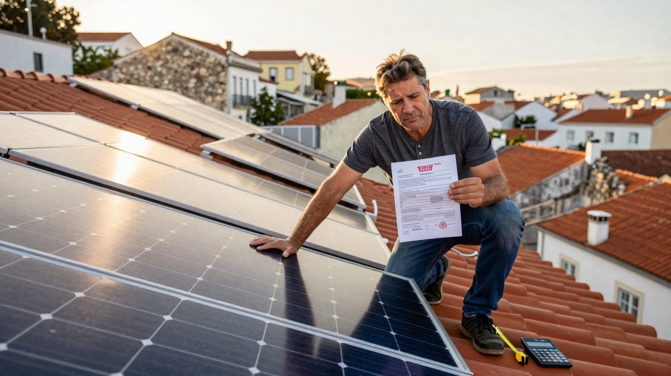 Man inspecting solar panels on a tiled roof while holding a document and calculator nearby.