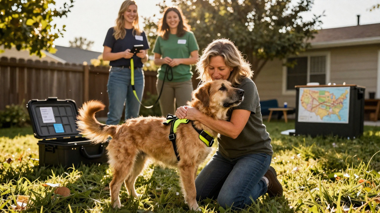 Woman kneeling and hugging a dog wearing a harness, two women standing behind with leashes in a sunny garden.