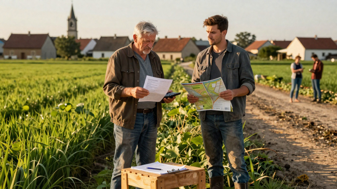 Two men examining maps and papers in a field with houses and a church in the background.