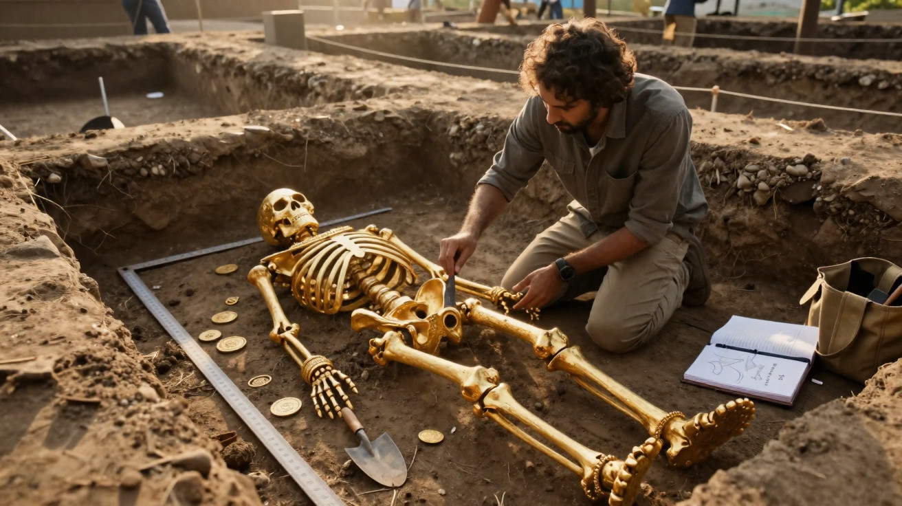 Archaeologist excavating a golden human skeleton surrounded by ancient coins in a dig site trench.