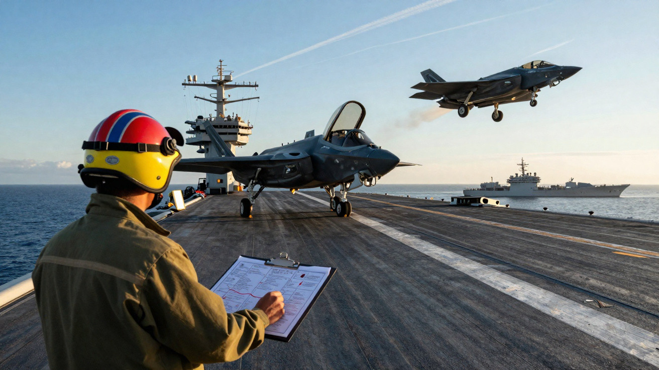 Person in helmet with clipboard on aircraft carrier deck, jets taking off and landing at sea during daytime.