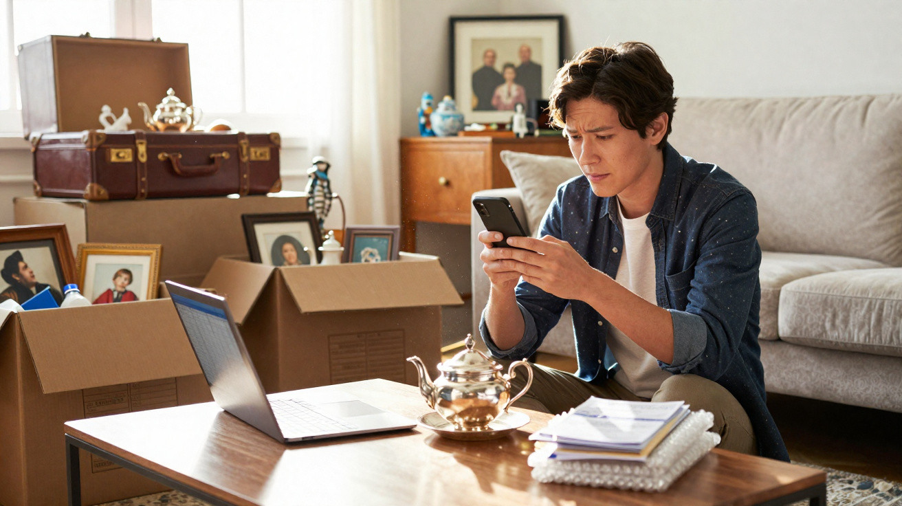 Young man seated on the floor in a living room, focused on his phone, with packed boxes and a laptop nearby.
