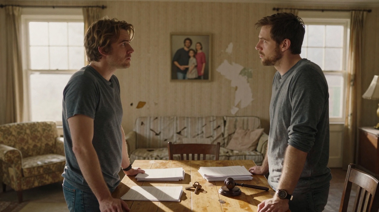 Two men stand facing each other across a wooden table in a worn living room with a family portrait on the wall.