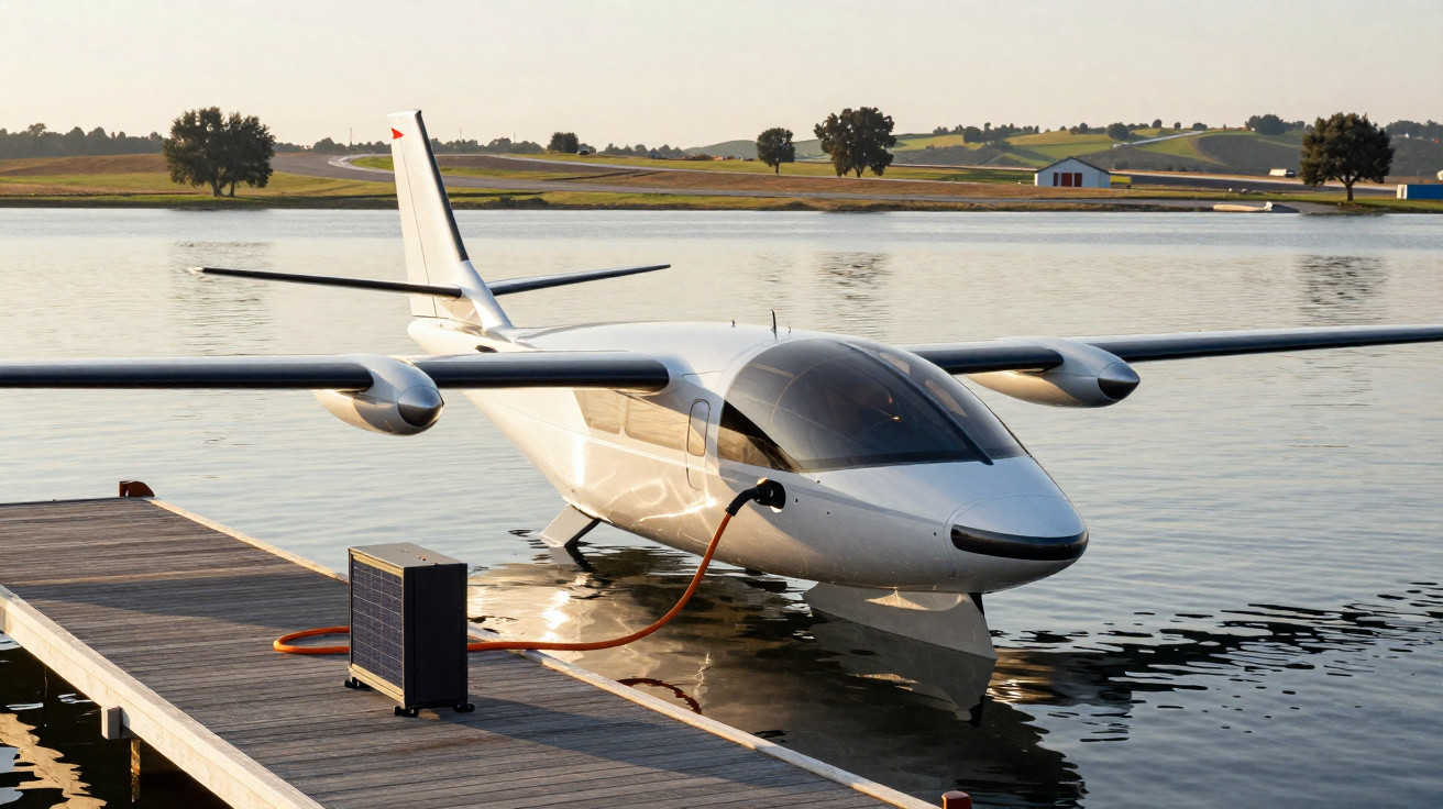 White seaplane docked at a pier being charged with an orange electrical cable in a calm lake setting.