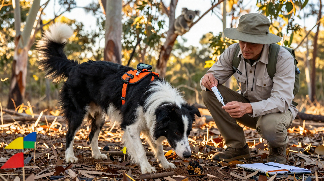 Man in outdoor gear with a sniffer dog examining leaves in an Australian eucalyptus forest with a koala in the background.