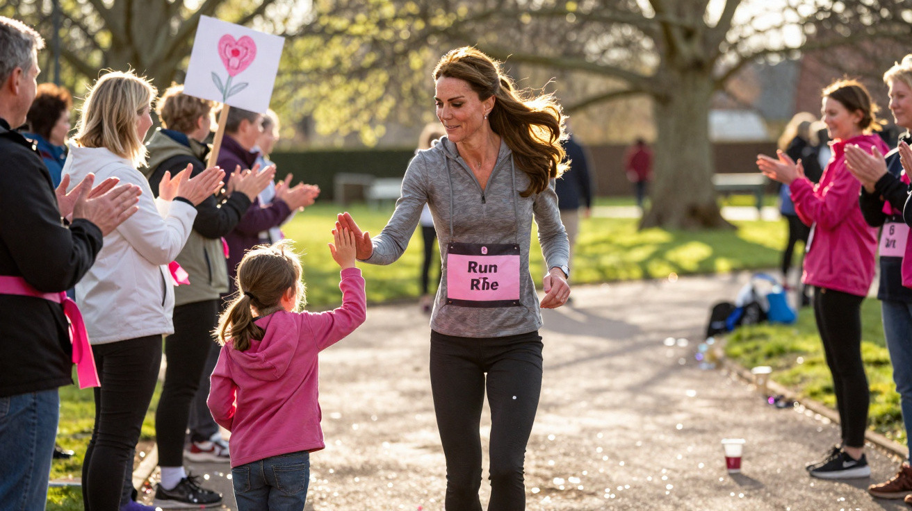 A woman in athletic wear high-fives a child during a park run event with supporters clapping nearby.