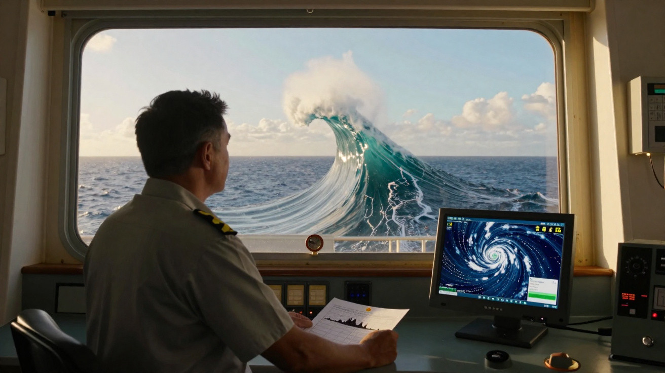 Ship captain observing a massive wave shaped like a hurricane through the bridge window.